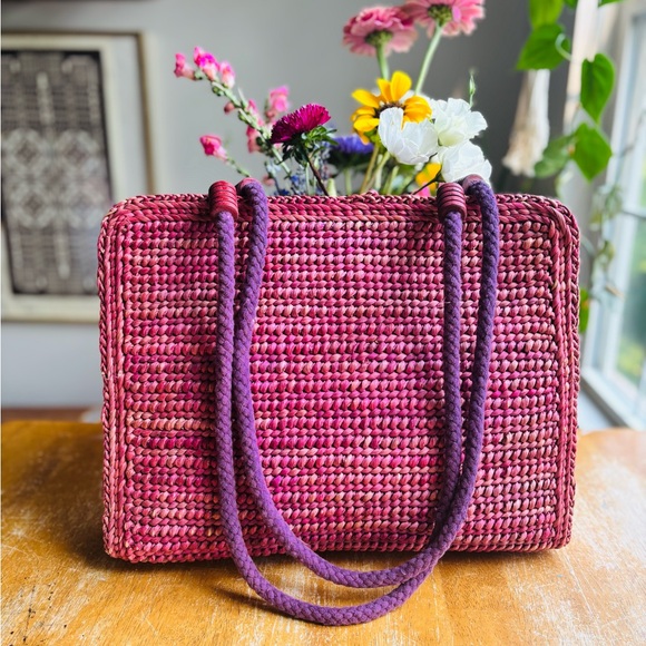 unbranded Handbags - Bohemian Basket Woven Tote in Pink and Purple